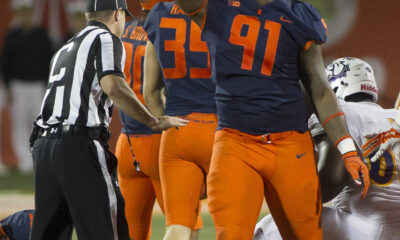 Sep 8, 2018; Champaign, IL, USA; Illinois Fighting Illini defensive lineman Jamal Woods (91) celebrates after sacking Western Illinois Leathernecks quarterback Sean McGuire (18) during the fourth quarter at Memorial Stadium. Mandatory Credit: Mike Granse-USA TODAY Sports