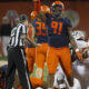 Sep 8, 2018; Champaign, IL, USA; Illinois Fighting Illini defensive lineman Jamal Woods (91) celebrates after sacking Western Illinois Leathernecks quarterback Sean McGuire (18) during the fourth quarter at Memorial Stadium. Mandatory Credit: Mike Granse-USA TODAY Sports