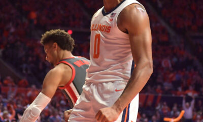 Jan 24, 2023; Champaign, Illinois, USA; Illinois Fighting Illini guard Terrence Shannon Jr. (0) reacts after scoring during the first half against the Ohio State Buckeyes at State Farm Center. Mandatory Credit: Ron Johnson-USA TODAY Sports