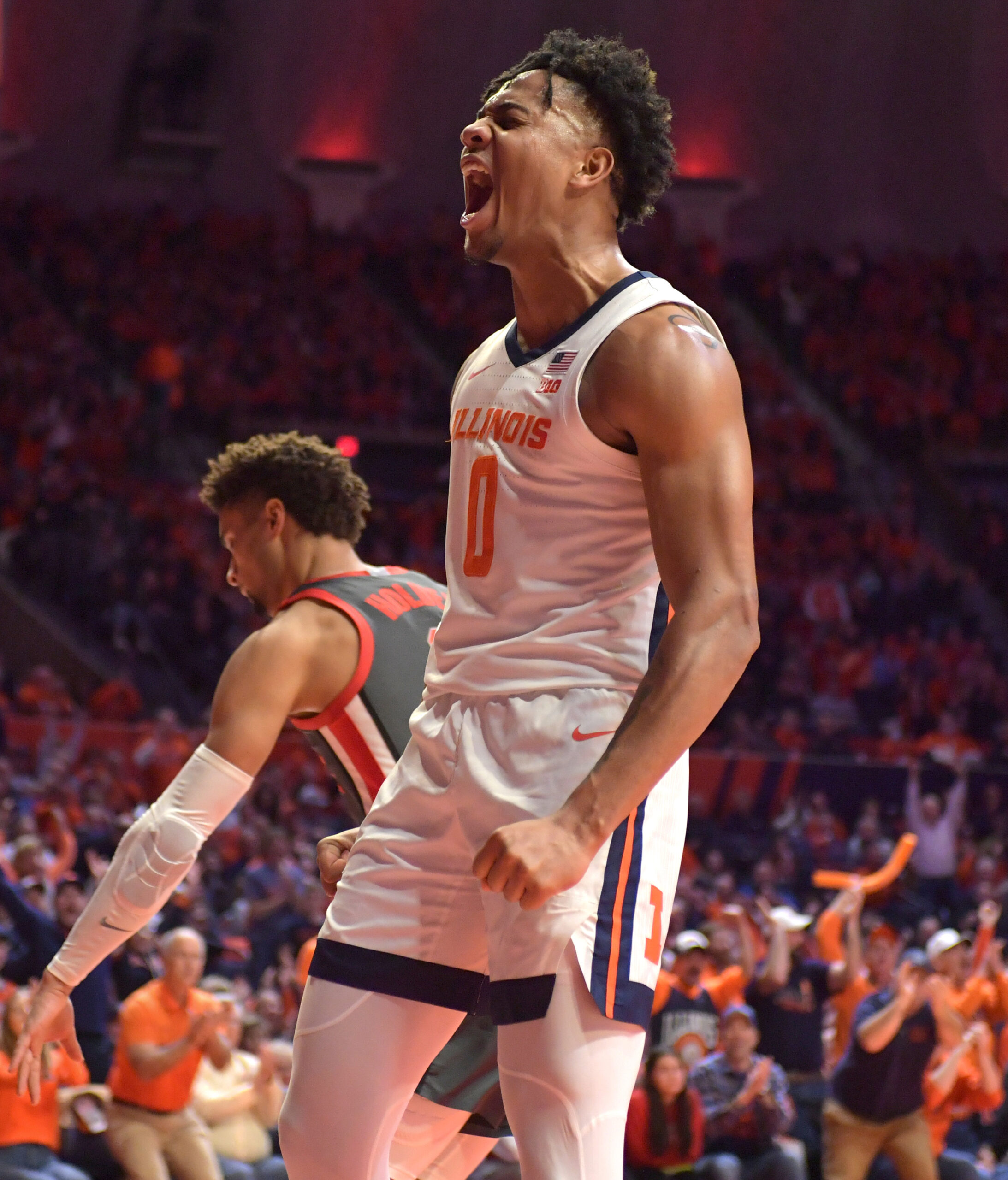 Jan 24, 2023; Champaign, Illinois, USA; Illinois Fighting Illini guard Terrence Shannon Jr. (0) reacts after scoring during the first half against the Ohio State Buckeyes at State Farm Center. Mandatory Credit: Ron Johnson-USA TODAY Sports