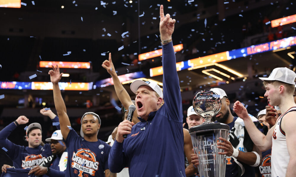 Illinois basketball head coach, Brad Underwood, celebrating his second Big Ten tournament championship.