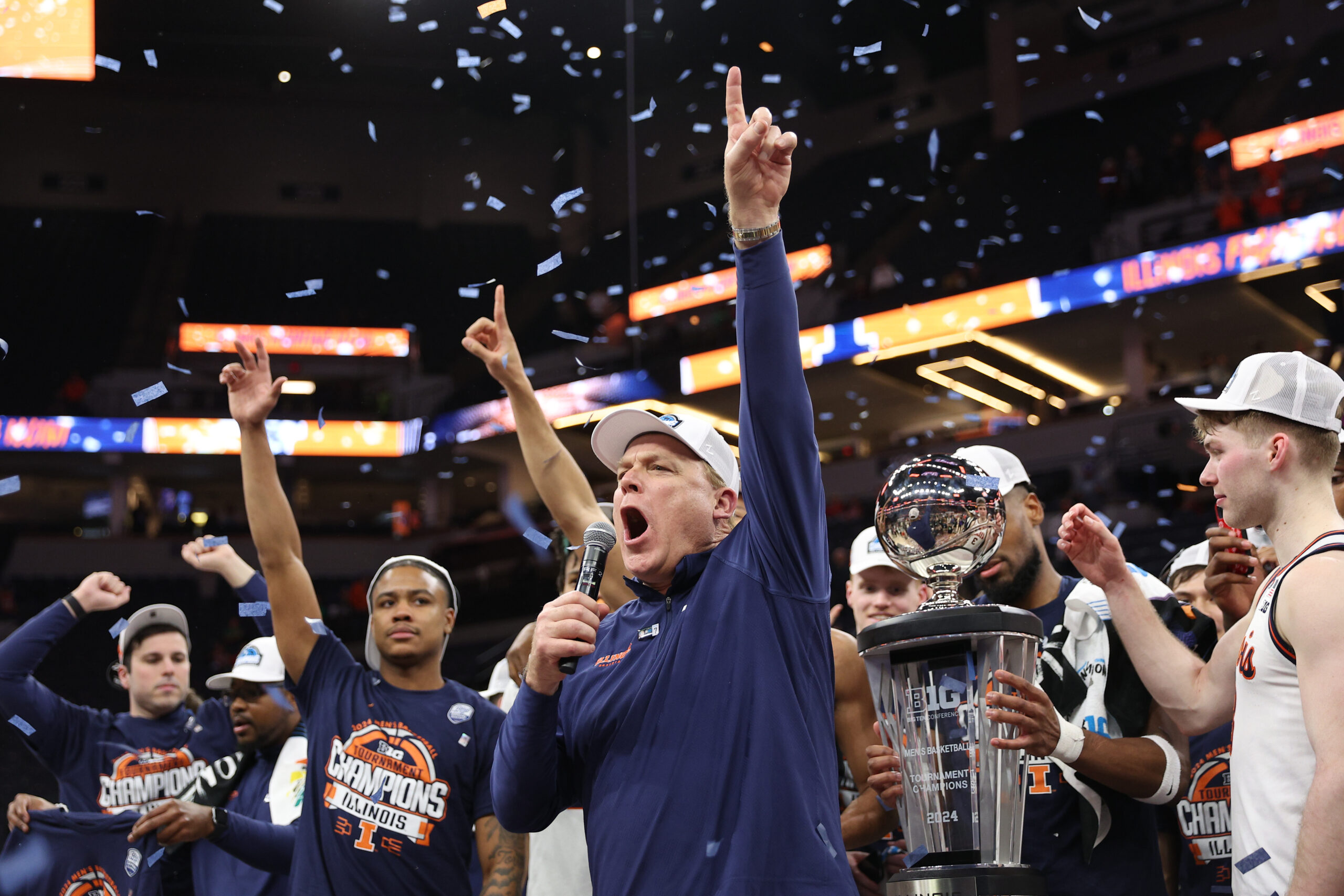 Illinois basketball head coach, Brad Underwood, celebrating his second Big Ten tournament championship.