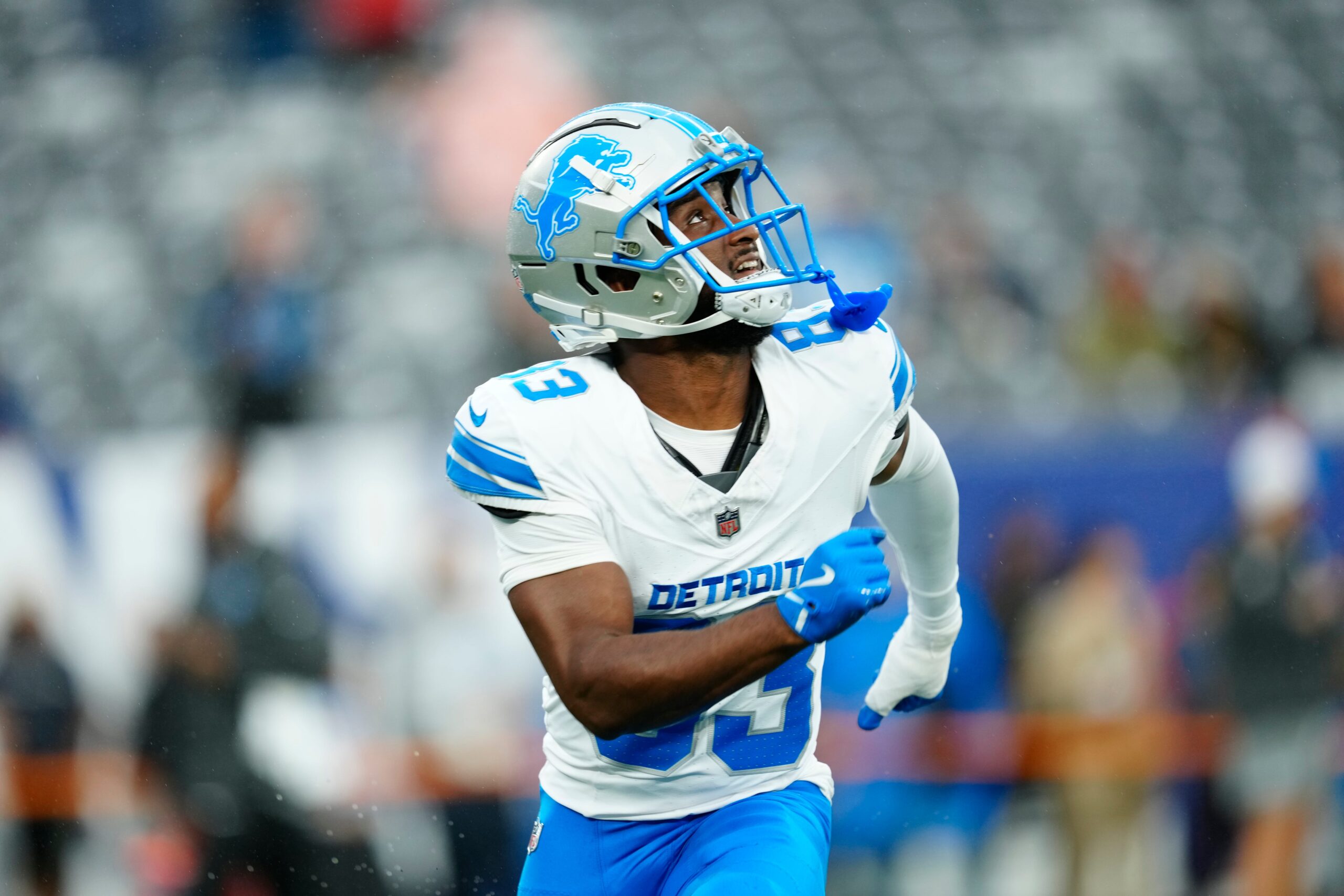 Detroit Lions wide receiver Isaiah Williams (83) is shown just before the first preseason game of the season, Thursday, August 8 2024, in East Rutherford.