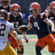 Sep 14, 2024; Champaign, Illinois, USA; Illinois Fighting Illini quarterback Luke Altmyer (9) runs with the ball against the Central Michigan Chippewas during the first half at Memorial Stadium. Mandatory Credit: Ron Johnson-Imagn Images