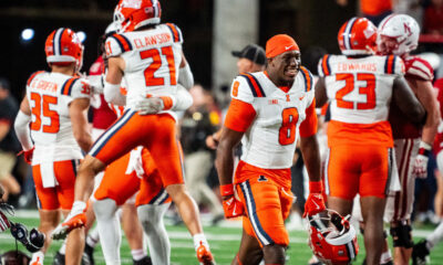 Sep 20, 2024; Lincoln, Nebraska, USA; Illinois Fighting Illini defensive back Terrance Brooks (8) smiles after the Fighting Illini defeat the Nebraska Cornhuskers at Memorial Stadium. Mandatory Credit: Dylan Widger-Imagn Images