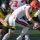 Oregon outside linebacker Teitum Tuioti sacks Illinois quarterback Luke Altmyer as the No. 1 Oregon Ducks host the No. 21 Illinois Fighting Illini Saturday, Oct. 26, 2024 at Autzen Stadium in Eugene, Ore.