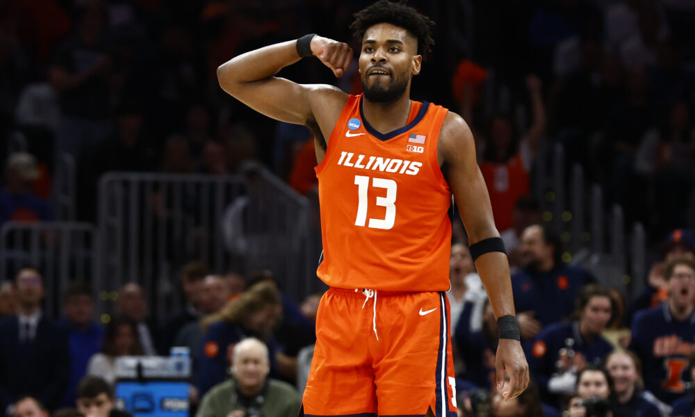 Former Illini, Quincy Guerrier, flexing vs Iowa State.