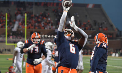 Nov 16, 2024; Champaign, Illinois, USA; Illinois Fighting Illini running back Josh McCray (6) celebrates his touchdown during the second half against the Michigan State Spartans at Memorial Stadium. Mandatory Credit: Ron Johnson-Imagn Images