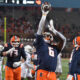 Nov 16, 2024; Champaign, Illinois, USA; Illinois Fighting Illini running back Josh McCray (6) celebrates his touchdown during the second half against the Michigan State Spartans at Memorial Stadium. Mandatory Credit: Ron Johnson-Imagn Images