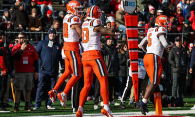 Nov 23, 2024; Piscataway, New Jersey, USA; Illinois Fighting Illini wide receiver Hank Beatty (80) celebrates his receiving touchdown with wide receiver Pat Bryant (13) during the first half against the Rutgers Scarlet Knights at SHI Stadium. Mandatory Credit: Vincent Carchietta-Imagn Images