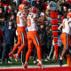 Nov 23, 2024; Piscataway, New Jersey, USA; Illinois Fighting Illini wide receiver Hank Beatty (80) celebrates his receiving touchdown with wide receiver Pat Bryant (13) during the first half against the Rutgers Scarlet Knights at SHI Stadium. Mandatory Credit: Vincent Carchietta-Imagn Images