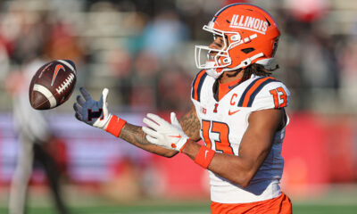 Illini football's star receiver Pat Bryant catches a pass.