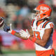 Illini football's star receiver Pat Bryant catches a pass.