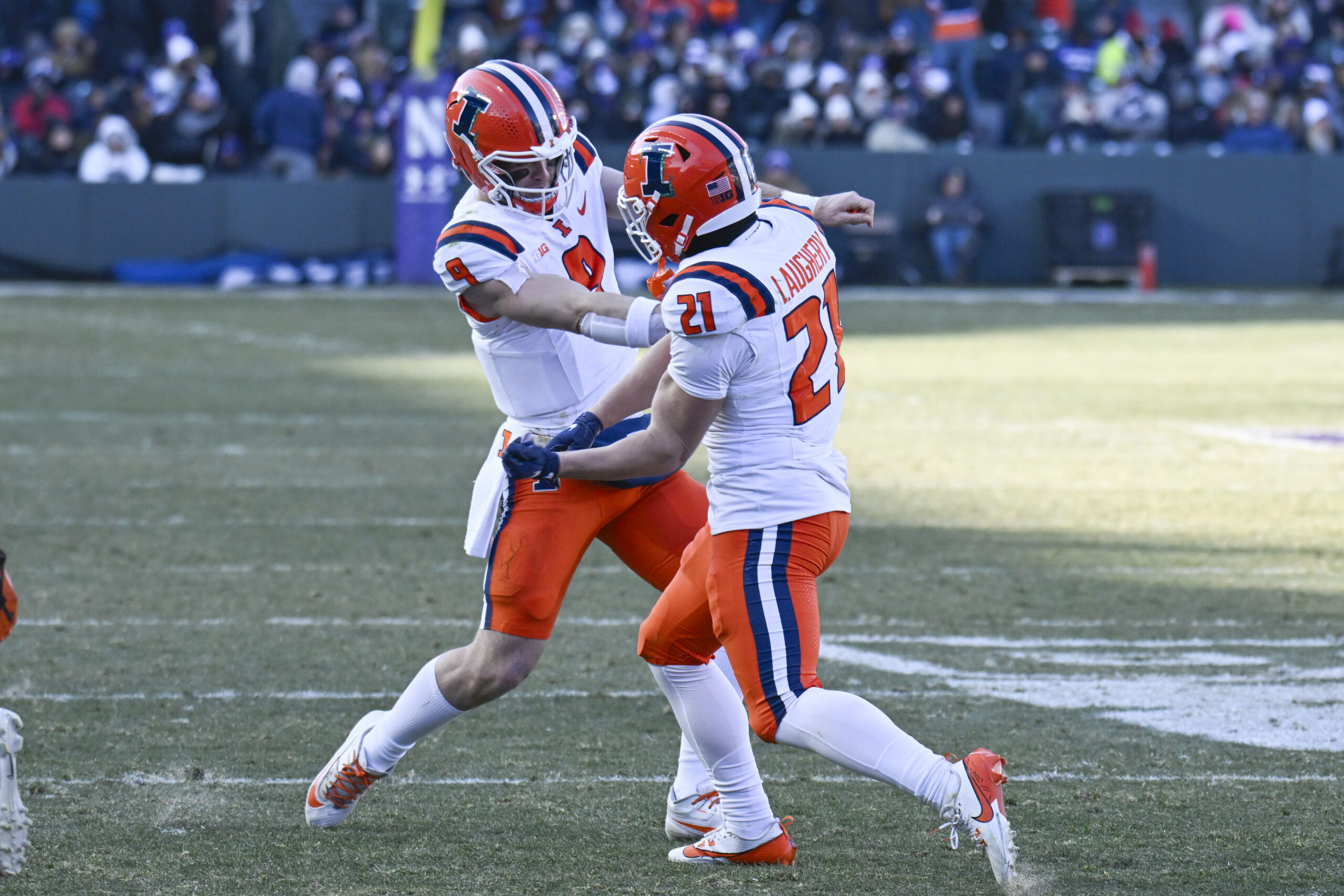 Luke Altmyer with running back, Aiden Laughery.