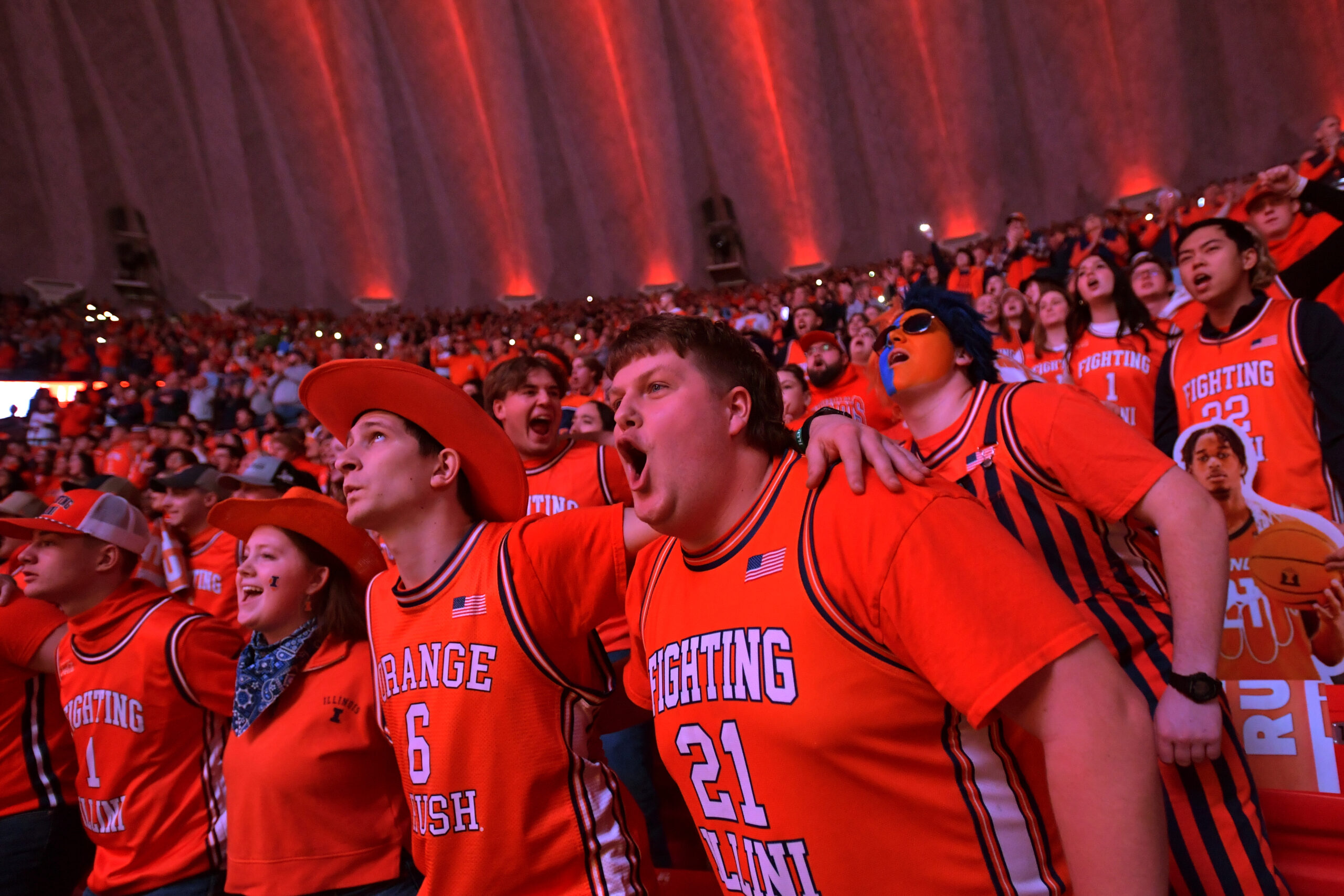 Illinois Basketball fans cheering their team on.