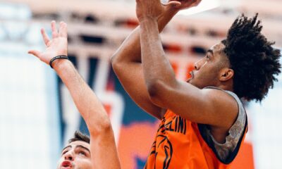 Illinois basketball guard Brandon Lee up against Mihailo Petrovic.