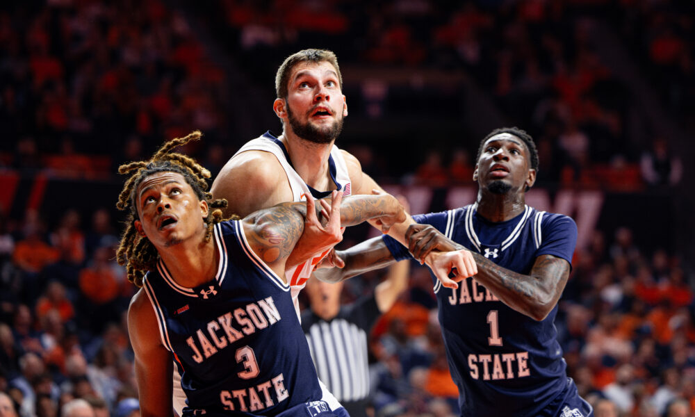 Illini big man Tomislav Ivisic fighting for a rebound vs Jackson State.