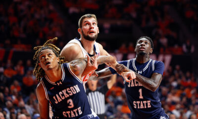 Illini big man Tomislav Ivisic fighting for a rebound vs Jackson State.