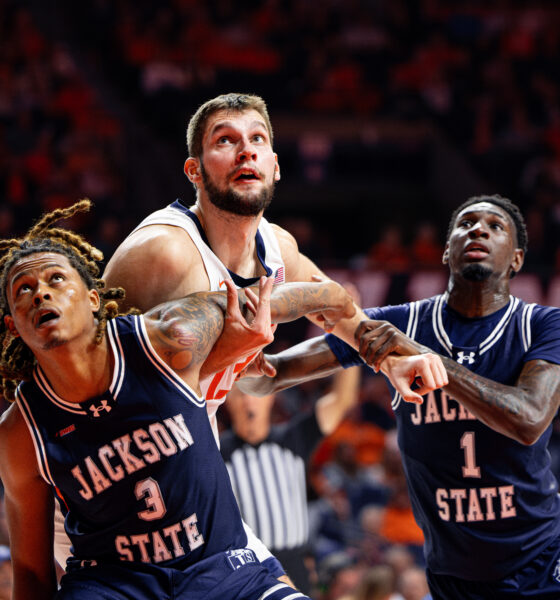 Illini big man Tomislav Ivisic fighting for a rebound vs Jackson State.
