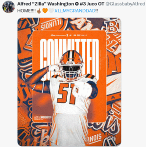 Illinois Football. Alfred Washington. Photo Credit: Alfred Washington on X. @glassbabyalfred.