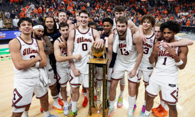 Illinois basketball celebrating the win over Missouri.