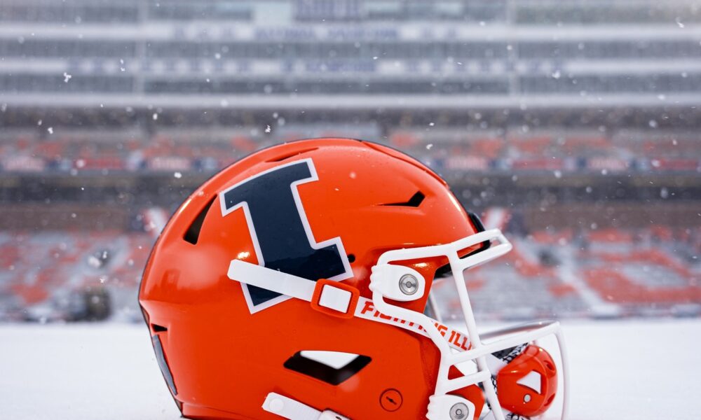 Illinois football helmet out in the snow