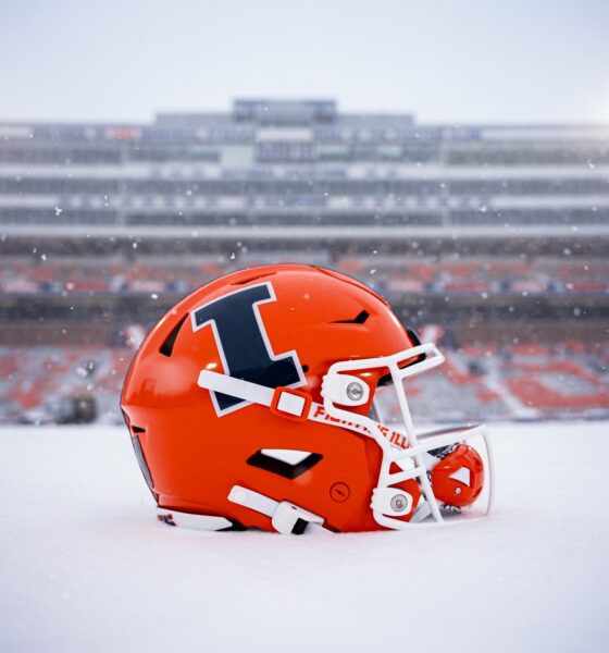 Illinois football helmet out in the snow