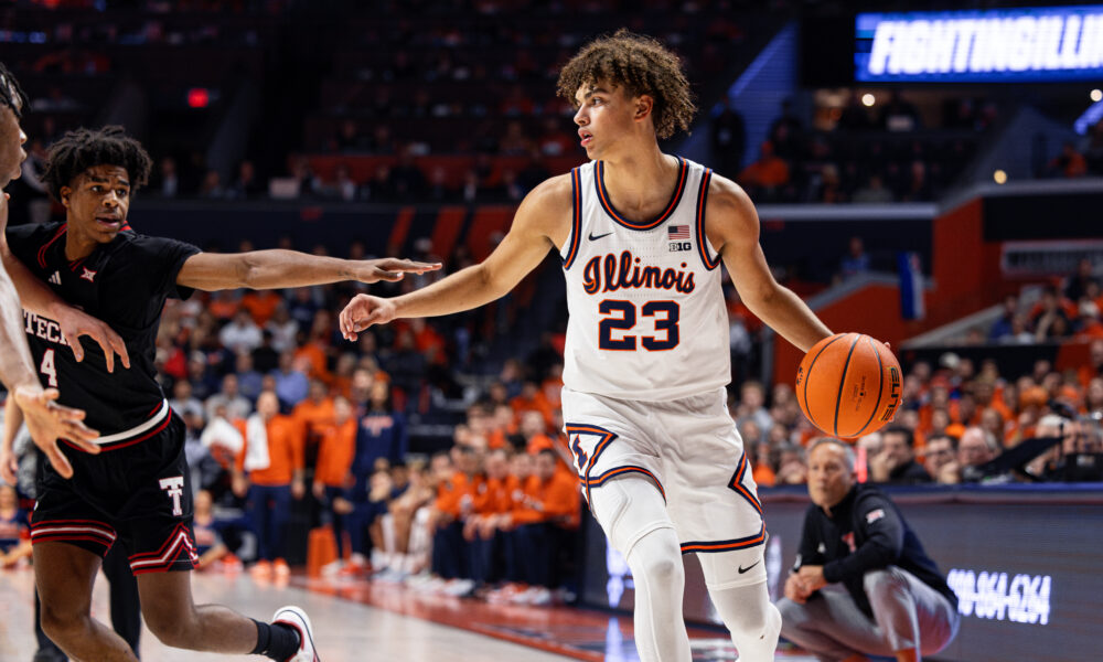 Illini guard Keaton Wagler dribbling it out vs Texas Tech.