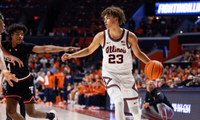 Illini guard Keaton Wagler dribbling it out vs Texas Tech.
