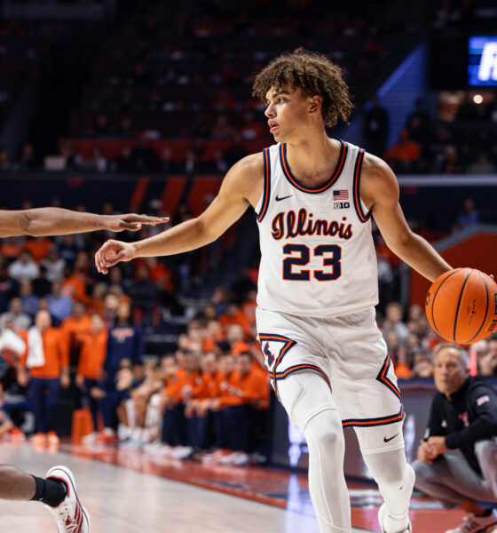 Illini guard Keaton Wagler dribbling it out vs Texas Tech.