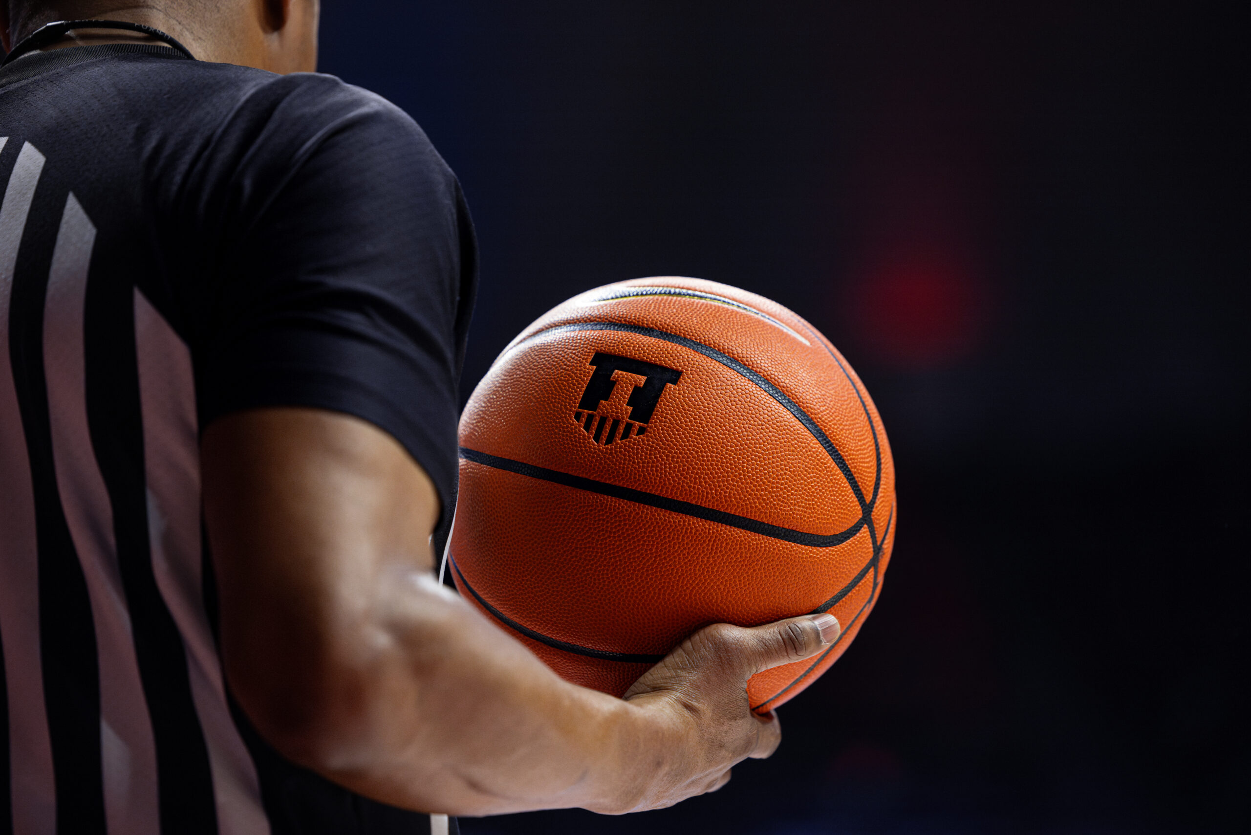 Illinois basketball ball out in State Farm Center.
