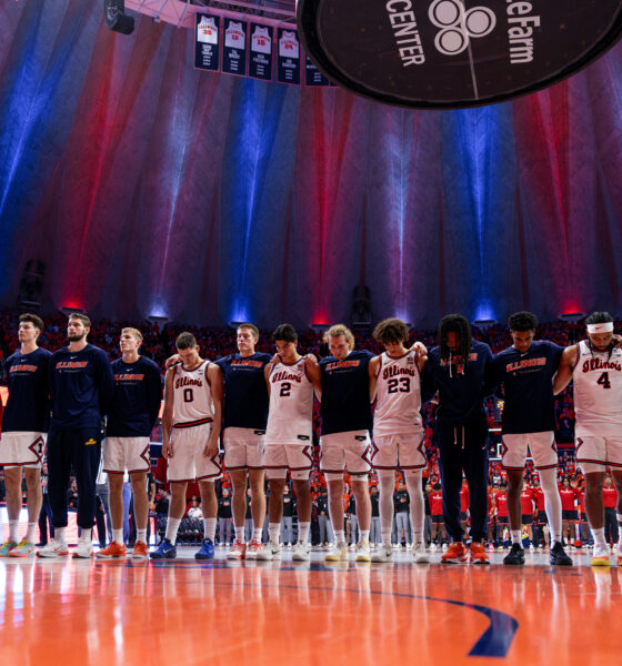 The Illinois basketball team standing front and center before the National Anthem. Photo Credit: David Pollak, Armchair Illini.