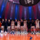 The Illinois basketball team standing front and center before the National Anthem.