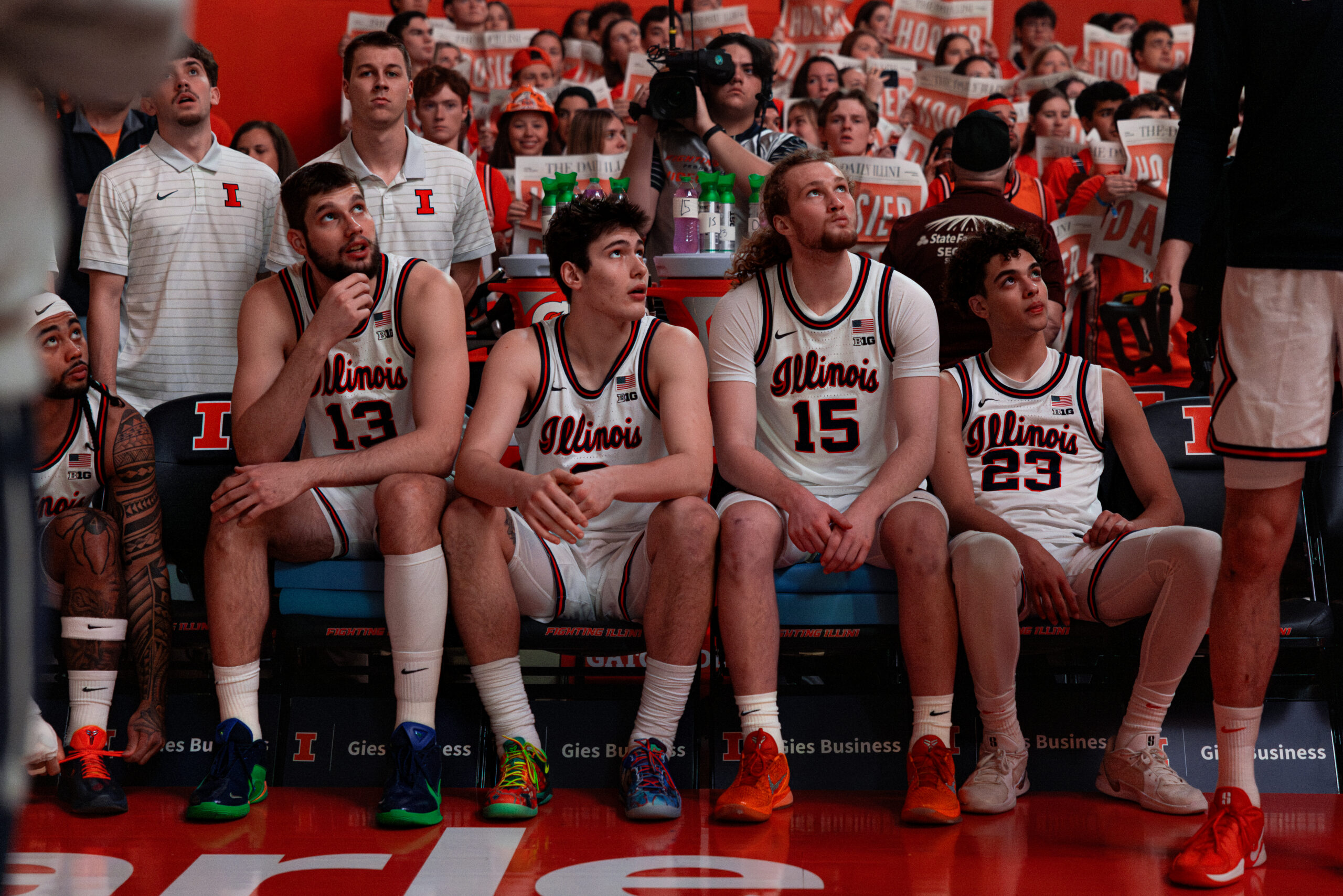 Illinois basketball gets ready for another game. David Mirkovic, Jake Davis, Tomislav Ivisic, and Keaton Wagler all await their names.