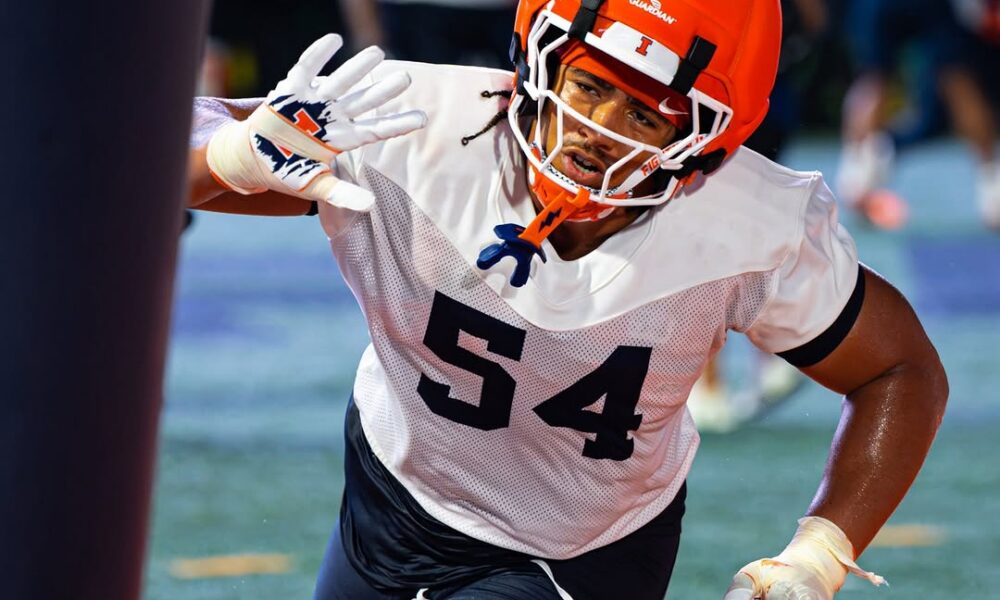 Demetrius John. Bag Drills. No. 54. Bobby Hauck 3-3-5 Defense. Illinois Football. Photo Credit: Illinois Football on Instagram. (@illinifootball).