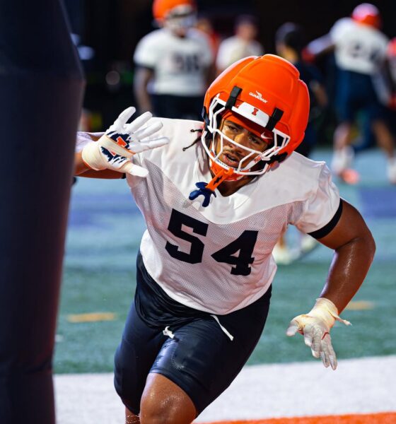 Demetrius John. Bag Drills. No. 54. Bobby Hauck 3-3-5 Defense. Illinois Football. Photo Credit: Illinois Football on Instagram. (@illinifootball).