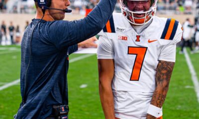 Illinois Football. Armchair Illini. Michael Clayton II (No. 7) and Coach Art Sitkowski. Photo Credit: Michael Clayton II on Instagram. (@clayt7n).