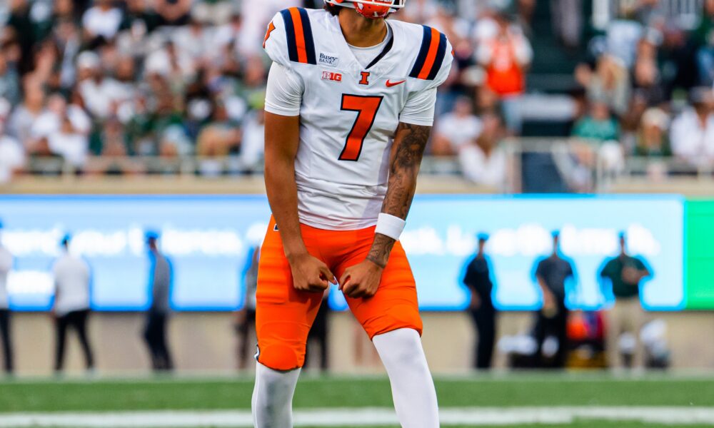 Illinois Football. Armchair Illini. Michael Clayton II. No. 7. Celebrating. Illinois wins 38-37. Vs. Michigan State. Photo Credit. Illinois Football. Instagram. (@Illinifootball).