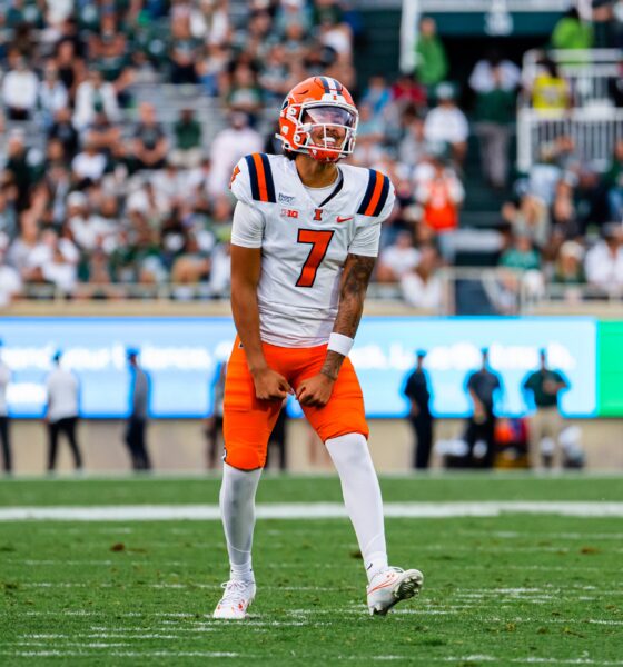 Illinois Football. Armchair Illini. Michael Clayton II. No. 7. Celebrating. Illinois wins 38-37. Vs. Michigan State. Photo Credit. Illinois Football. Instagram. (@Illinifootball).