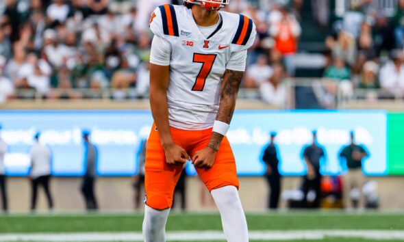 Illinois Football. Armchair Illini. Michael Clayton II. No. 7. Celebrating. Illinois wins 38-37. Vs. Michigan State. Photo Credit. Illinois Football. Instagram. (@Illinifootball).